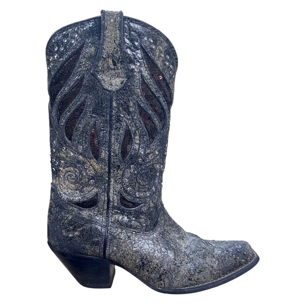 ⁠Durango Cracked Black Sequin Cutout Western Cowboy Boots Womens Size 9